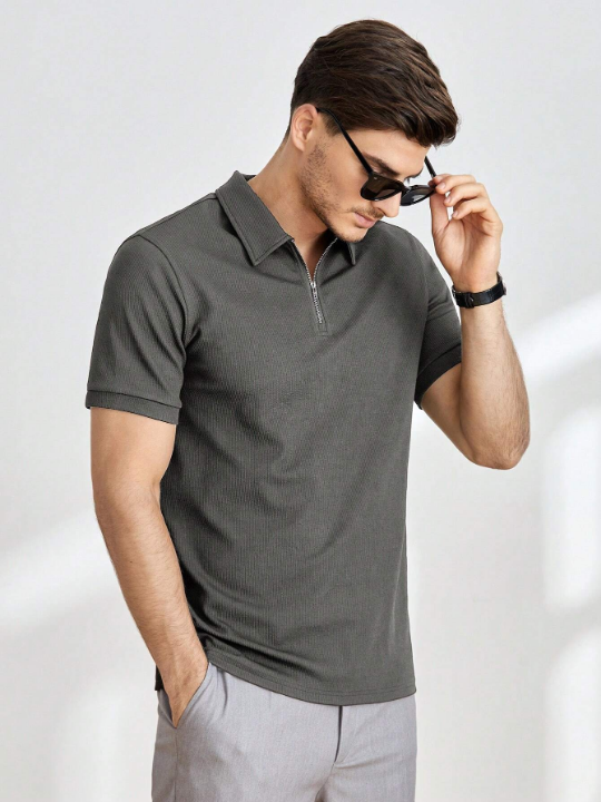 Manfinity Homme Men Solid Quarter Zip Polo Shirt