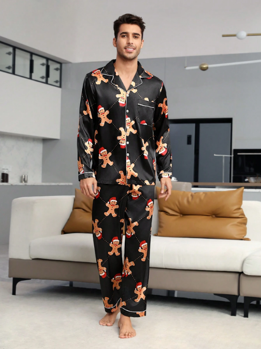 Men Christmas Print Contrast Piping Satin PJ Set