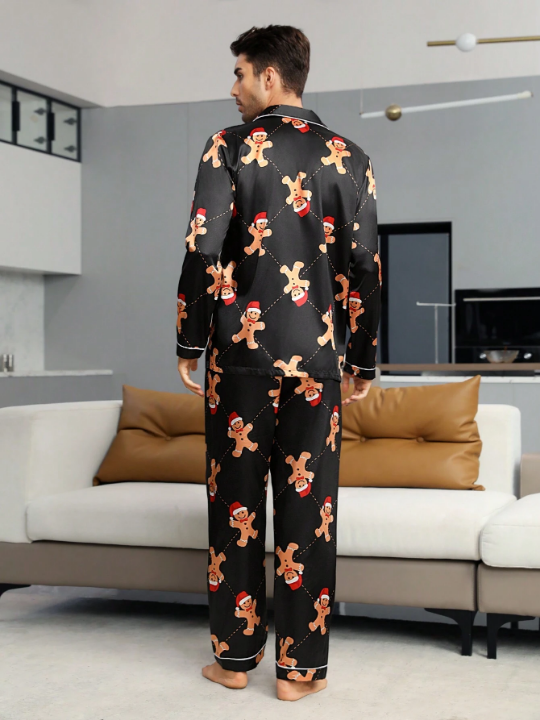 Men Christmas Print Contrast Piping Satin PJ Set