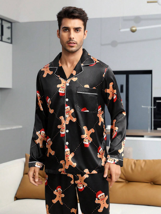 Men Christmas Print Contrast Piping Satin PJ Set