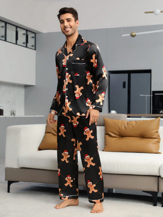 Men Christmas Print Contrast Piping Satin PJ Set