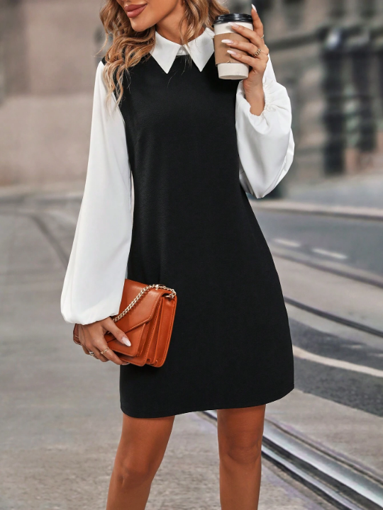 Two Tone Lantern Sleeve 2 In 1 Shirt Dress