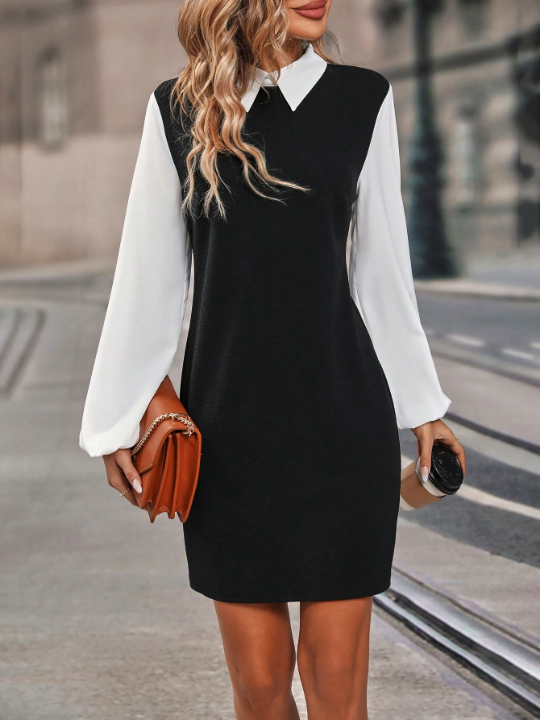 Two Tone Lantern Sleeve 2 In 1 Shirt Dress