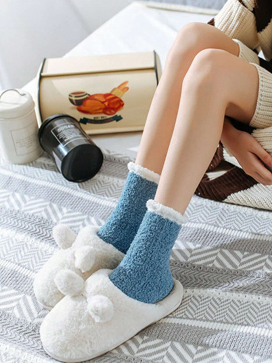 7pairs Women's Cute Thickened Coral Fleece Mid-calf Sleep Socks For Autumn And Winter