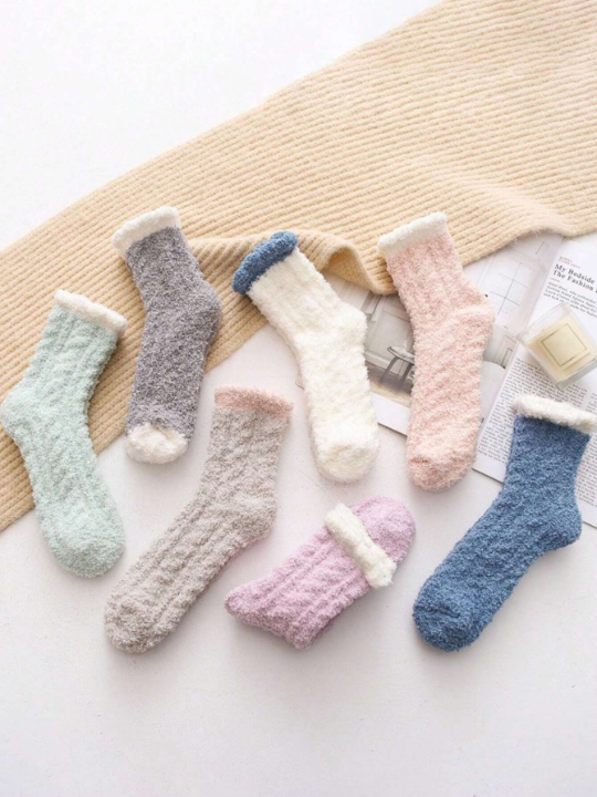 7pairs Women's Cute Thickened Coral Fleece Mid-calf Sleep Socks For Autumn And Winter