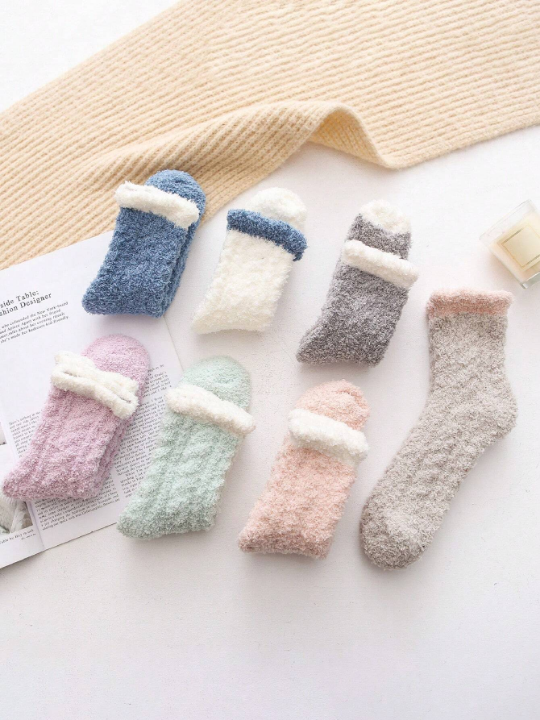 7pairs Women's Cute Thickened Coral Fleece Mid-calf Sleep Socks For Autumn And Winter