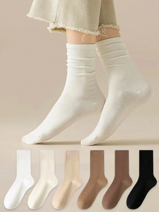 6pairs/set Multicolor Solid Color Sport Style Pile Socks For Women