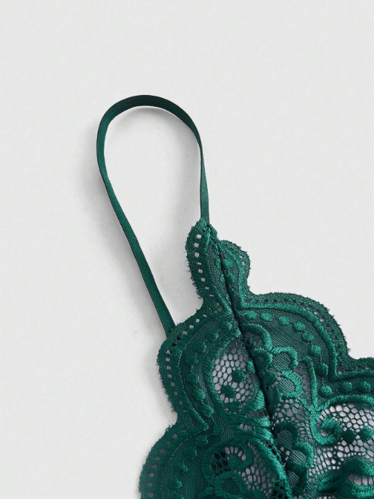 ROMWE Fairycore Floral Lace Scallop Trim Teddy Bodysuit