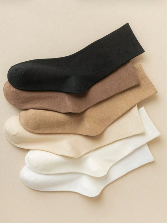 6pairs/set Multicolor Solid Color Sport Style Pile Socks For Women