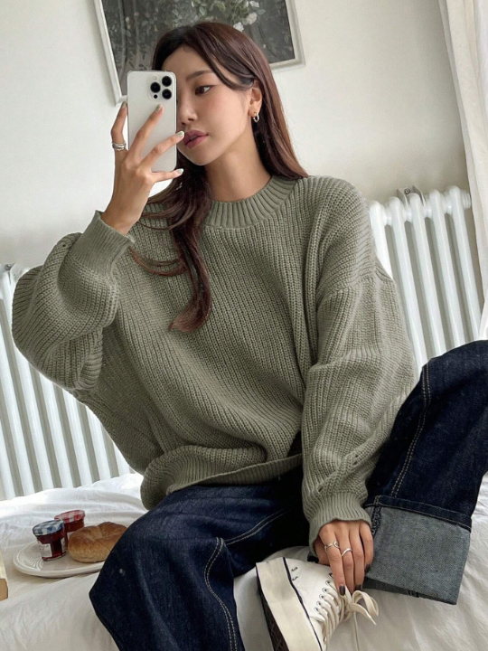 DAZY Solid Drop Shoulder Ribbed Knit Sweater