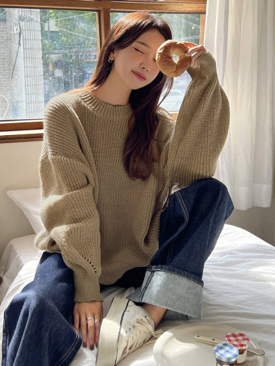 DAZY Solid Drop Shoulder Ribbed Knit Sweater