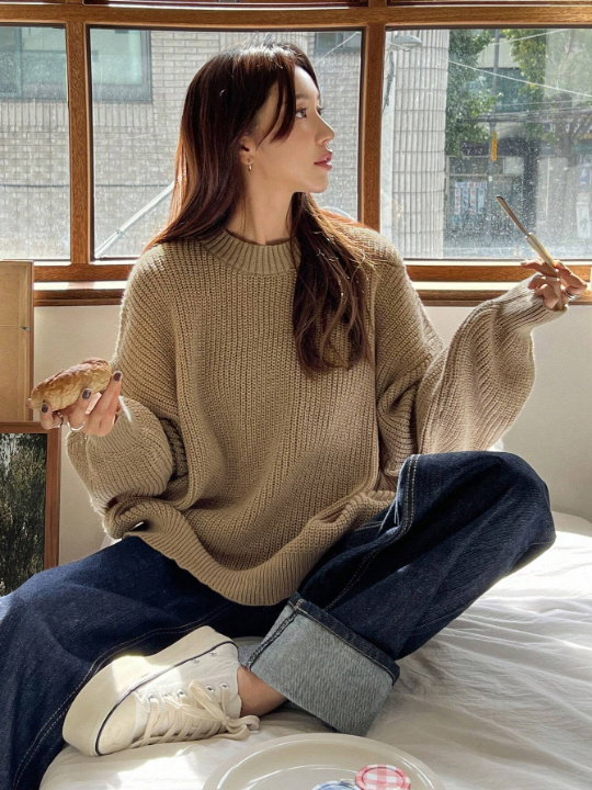 DAZY Solid Drop Shoulder Ribbed Knit Sweater