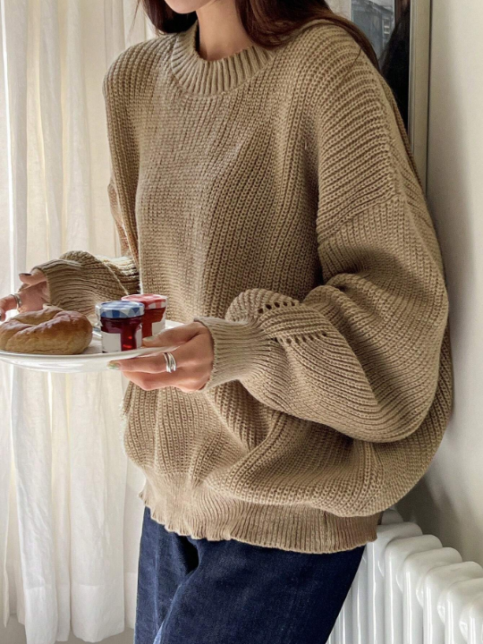 DAZY Solid Drop Shoulder Ribbed Knit Sweater