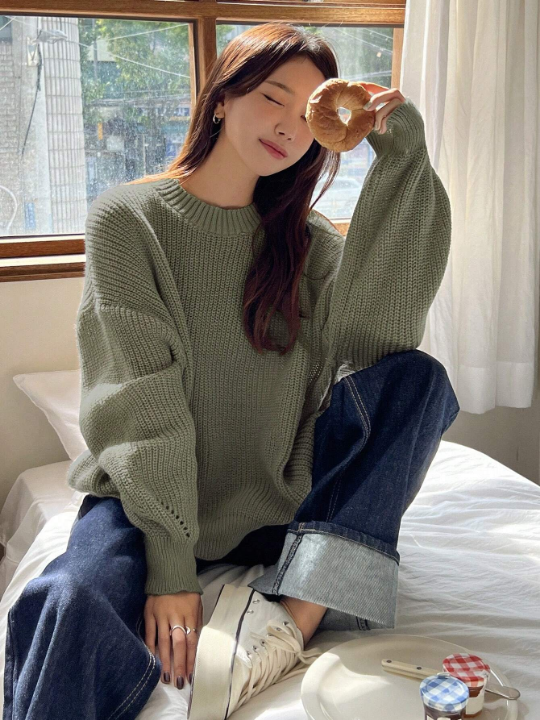 DAZY Solid Drop Shoulder Ribbed Knit Sweater