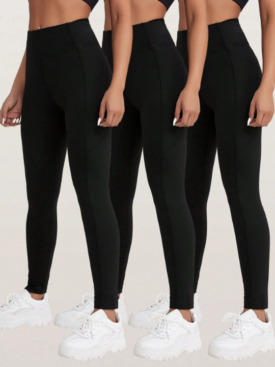 3 Pack Wide Waistband Phone Pocket Side Sports Leggings