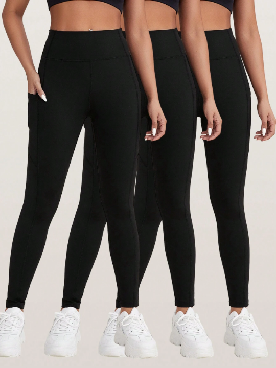 3 Pack Wide Waistband Phone Pocket Side Sports Leggings