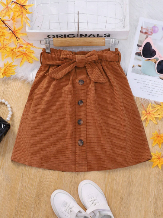 Tween Girl Button Detail Paperbag Waist Belted Skirt