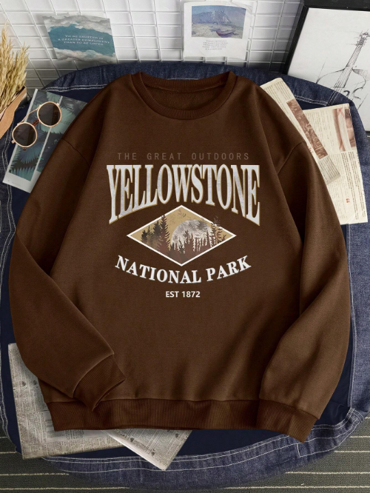 Men Mountain & Letter Graphic Thermal Lined Sweatshirt