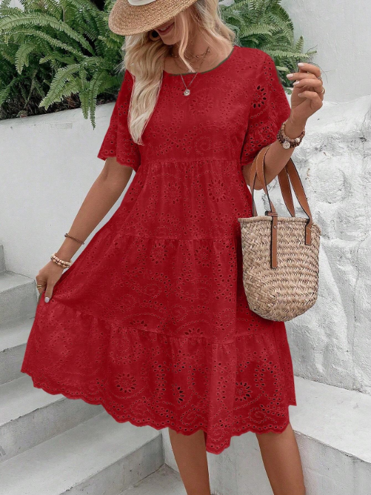 VCAY Solid Ruffle Hem Schiffy Smock Dress