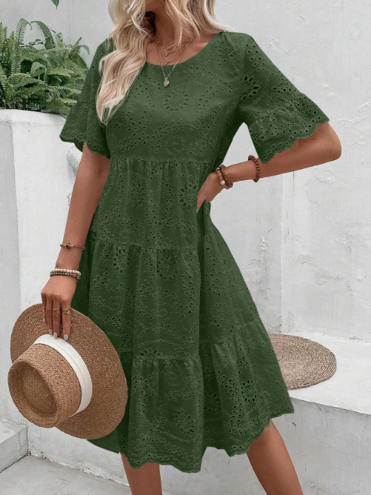 VCAY Eyelet Embroidery Ruffle Hem Smock Dress