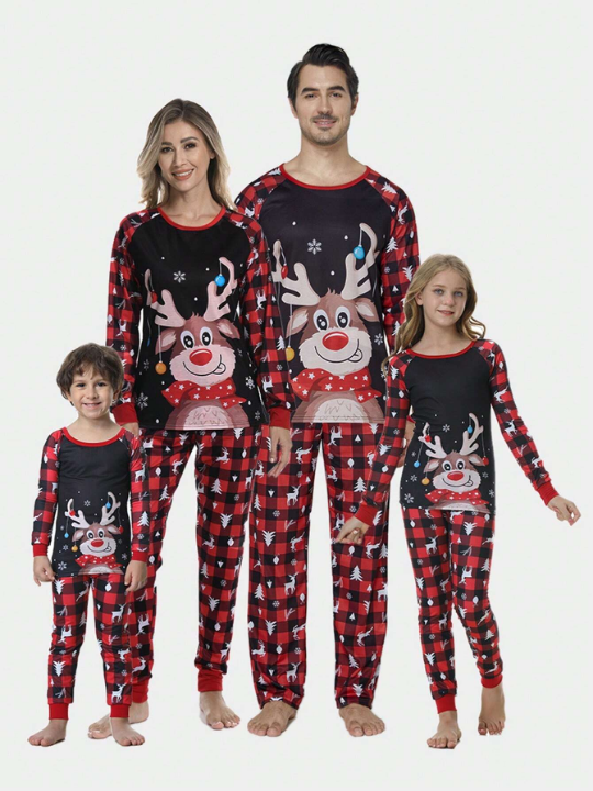 2pcs/set Men's Christmas Family Matching Pajamas, Deer & Plaid Long Sleeve Top With Long Pants, Holiday Leisure Home Wear Set