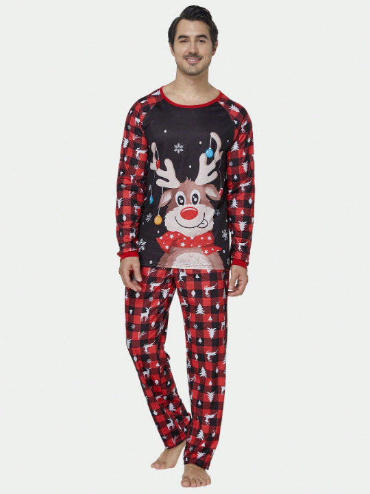 2pcs/set Men's Christmas Family Matching Pajamas, Deer & Plaid Long Sleeve Top With Long Pants, Holiday Leisure Home Wear Set