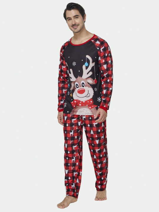 2pcs/set Men's Christmas Family Matching Pajamas, Deer & Plaid Long Sleeve Top With Long Pants, Holiday Leisure Home Wear Set