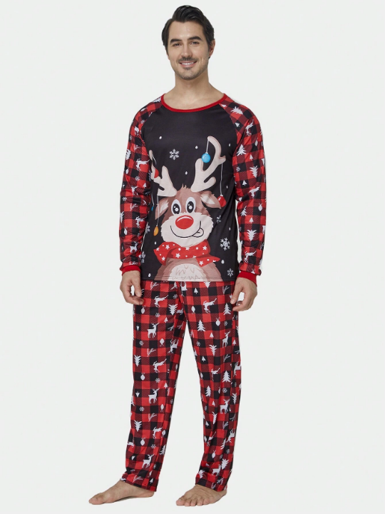 2pcs/set Men's Christmas Family Matching Pajamas, Deer & Plaid Long Sleeve Top With Long Pants, Holiday Leisure Home Wear Set