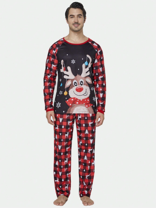 2pcs/set Men's Christmas Family Matching Pajamas, Deer & Plaid Long Sleeve Top With Long Pants, Holiday Leisure Home Wear Set