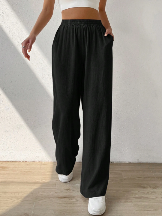 EZwear Solid Slant Pocket Wide Leg Pants