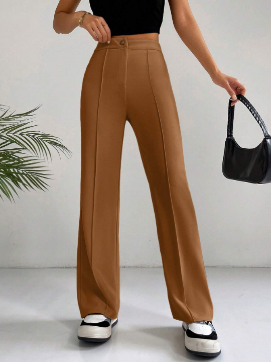 EZwear Solid High Waist Seam Detail Pants