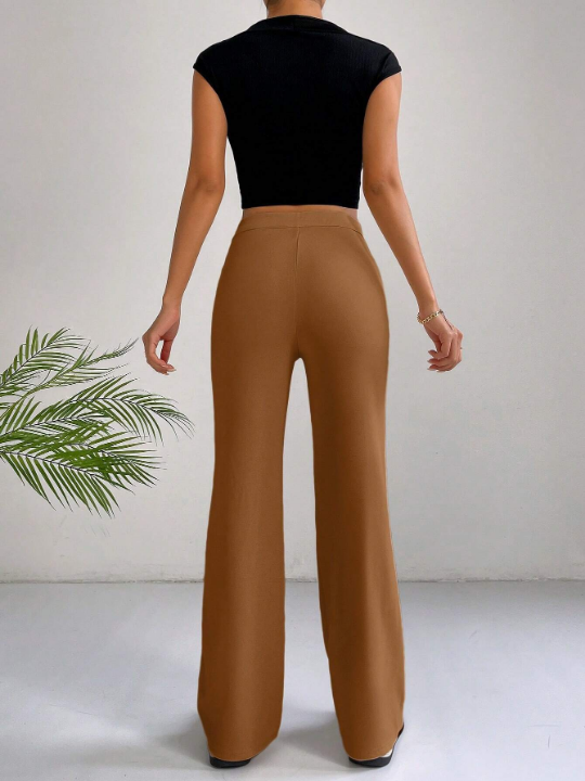 EZwear Solid High Waist Seam Detail Pants