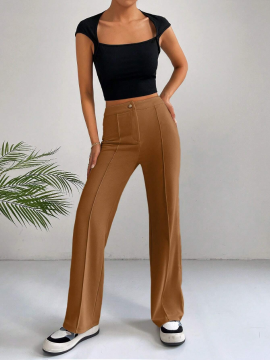 EZwear Solid High Waist Seam Detail Pants