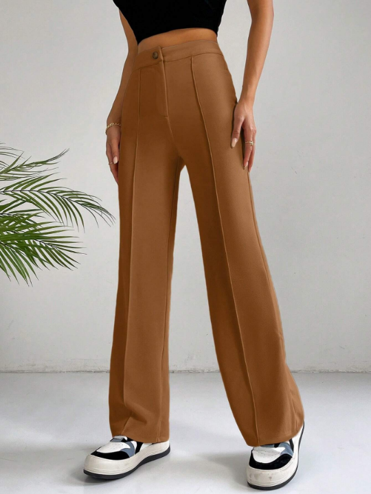 EZwear Solid High Waist Seam Detail Pants