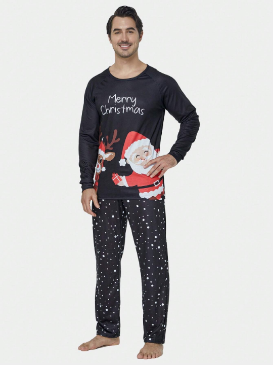 2pcs/set Men's Christmas Deer & Santa Claus Printed Long Sleeve Top And Long Pants Holiday Homewear Pajama Set