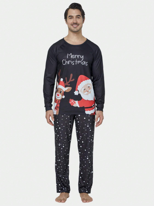 2pcs/set Men's Christmas Deer & Santa Claus Printed Long Sleeve Top And Long Pants Holiday Homewear Pajama Set