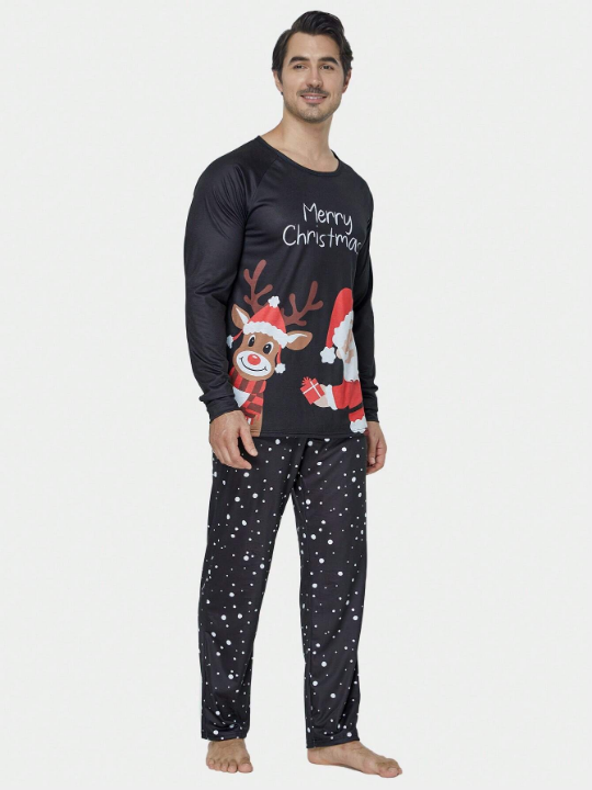 2pcs/set Men's Christmas Deer & Santa Claus Printed Long Sleeve Top And Long Pants Holiday Homewear Pajama Set