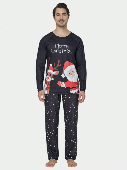 2pcs/set Men's Christmas Deer & Santa Claus Printed Long Sleeve Top And Long Pants Holiday Homewear Pajama Set