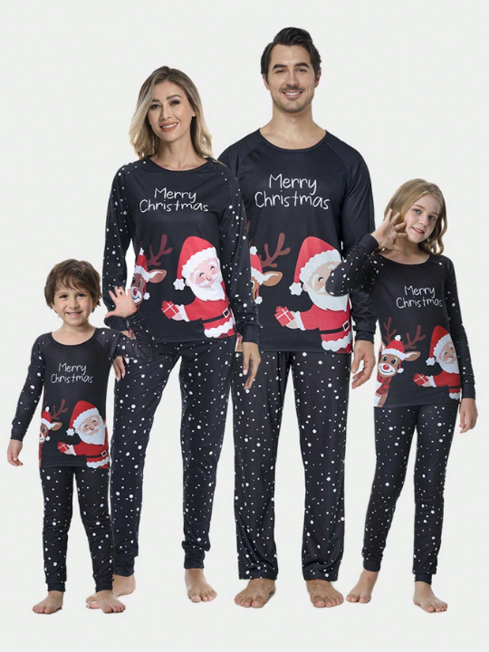 2pcs/set Men's Christmas Deer & Santa Claus Printed Long Sleeve Top And Long Pants Holiday Homewear Pajama Set