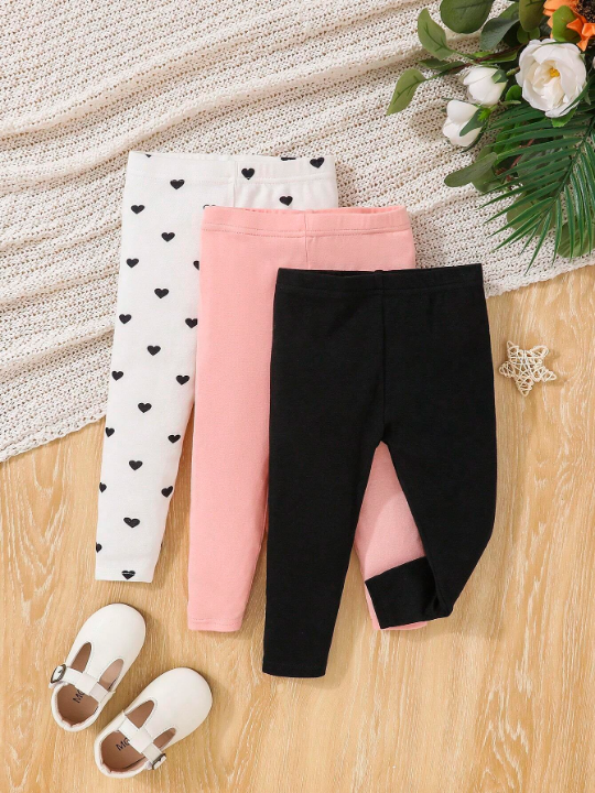 3pcs/Set Multicolor Casual Baby Girl Heart Print Leggings For Everyday Wear