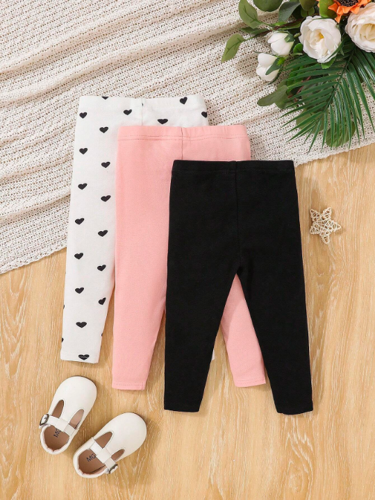 3pcs/Set Multicolor Casual Baby Girl Heart Print Leggings For Everyday Wear