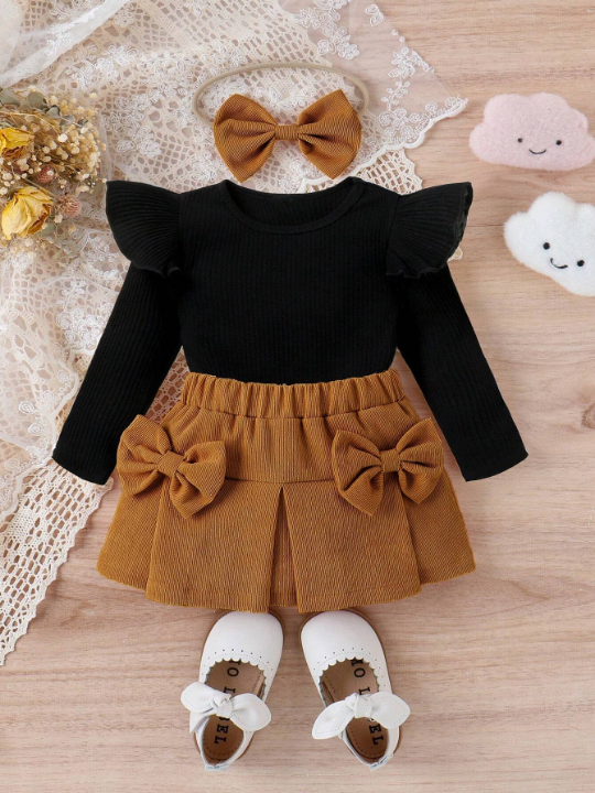 Baby Girl Ruffle Trim Tee & Bow Front Skirt & Headband