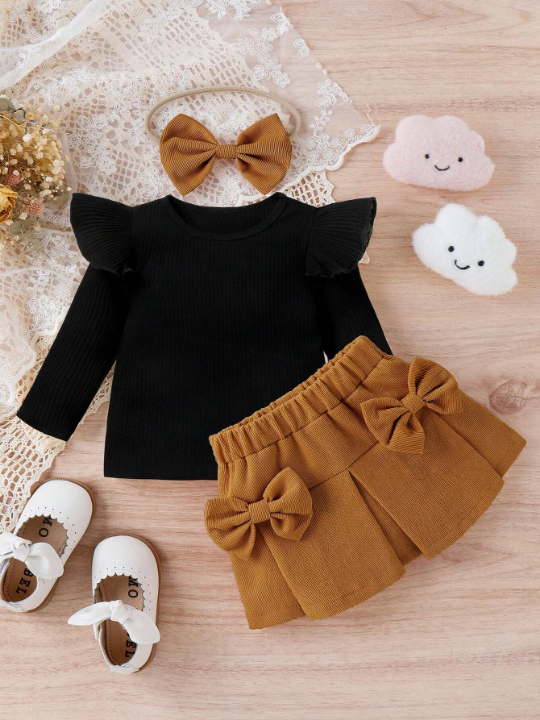 Baby Girl Ruffle Trim Tee & Bow Front Skirt & Headband