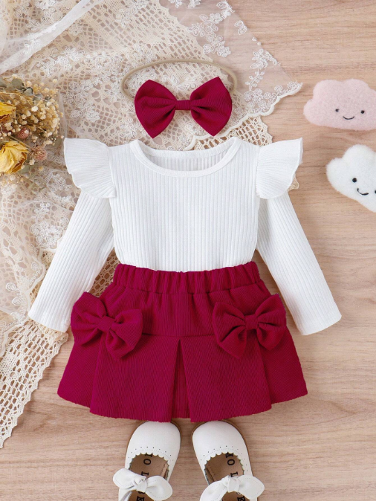 Baby Girl Ruffle Trim Tee & Bow Front Skirt & Headband