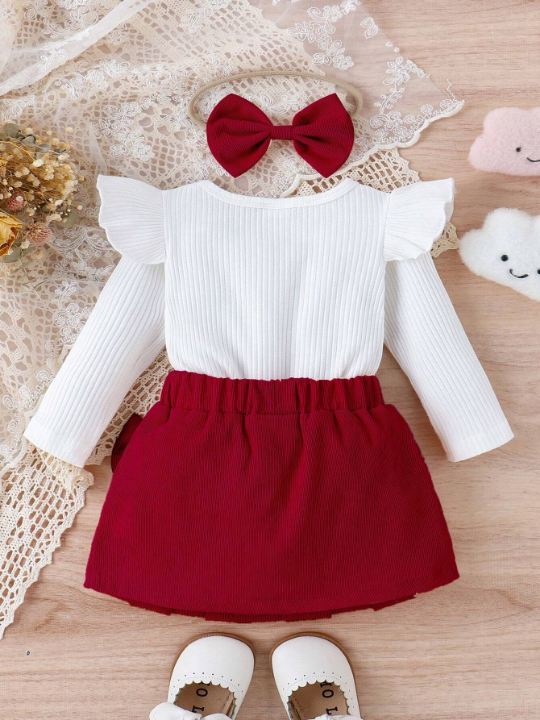 Baby Girl Ruffle Trim Tee & Bow Front Skirt & Headband