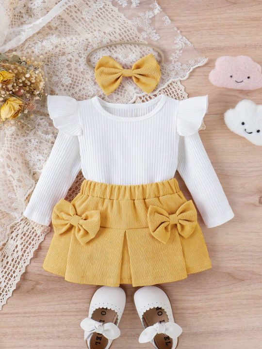 Baby Girl Ruffle Trim Tee & Bow Front Skirt & Headband