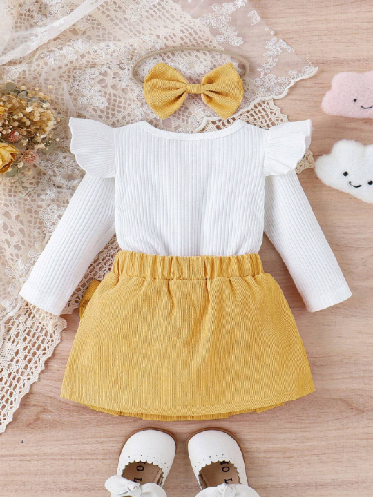 Baby Girl Ruffle Trim Tee & Bow Front Skirt & Headband