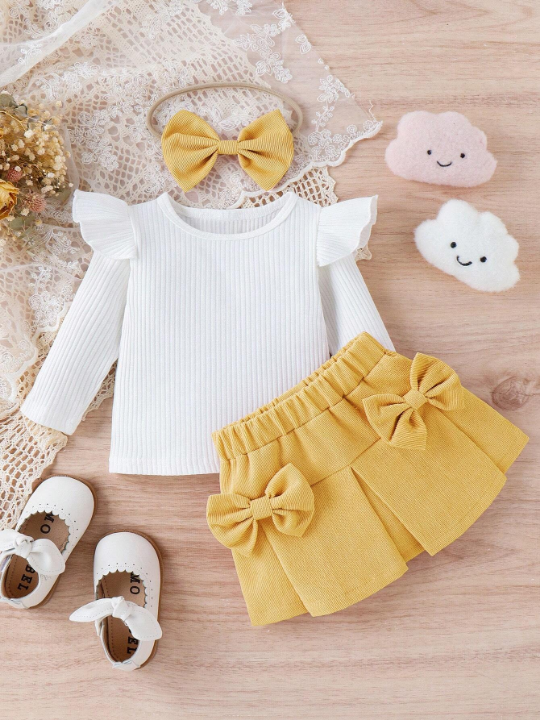 Baby Girl Ruffle Trim Tee & Bow Front Skirt & Headband