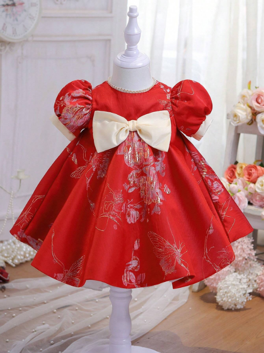 Baby Girl Butterfly Print Puff Sleeve Bow Front Dress