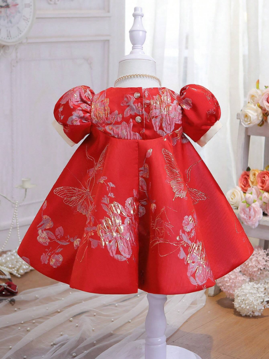 Baby Girl Butterfly Print Puff Sleeve Bow Front Dress